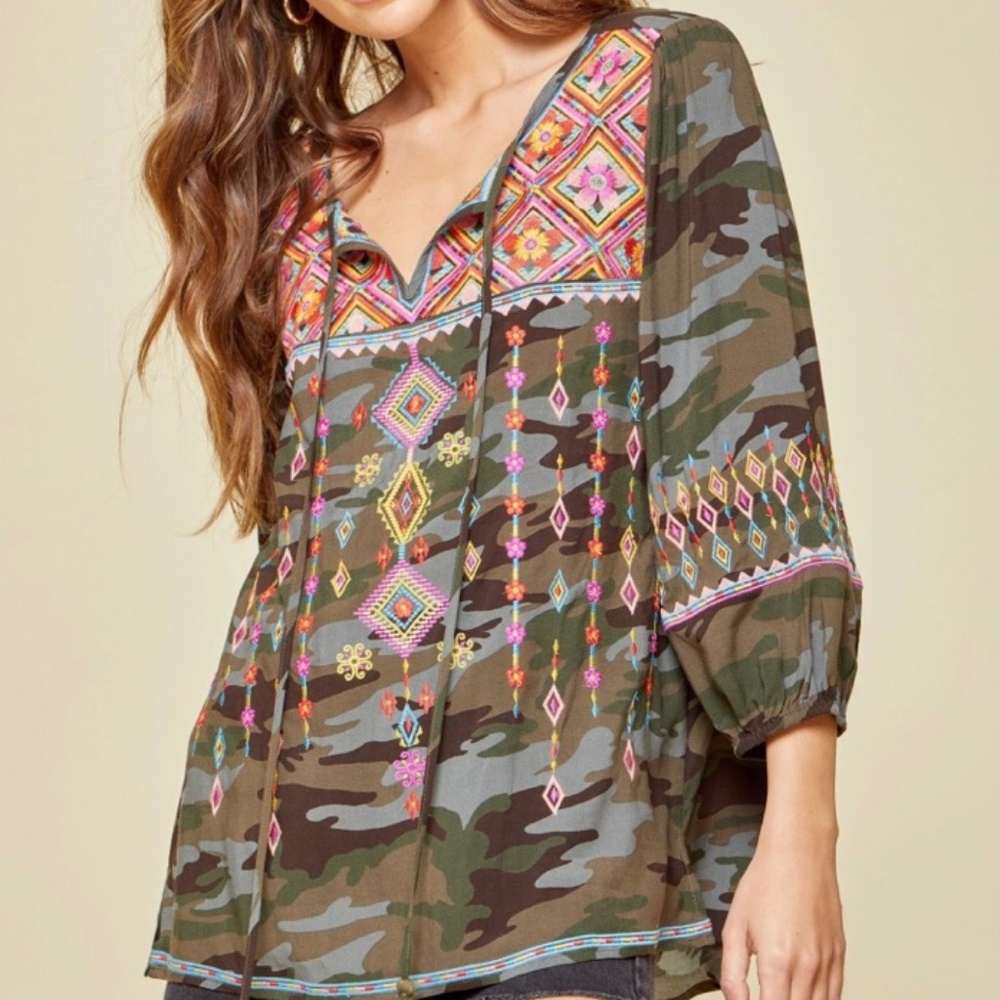 Savannah Jane Camo embroidered top